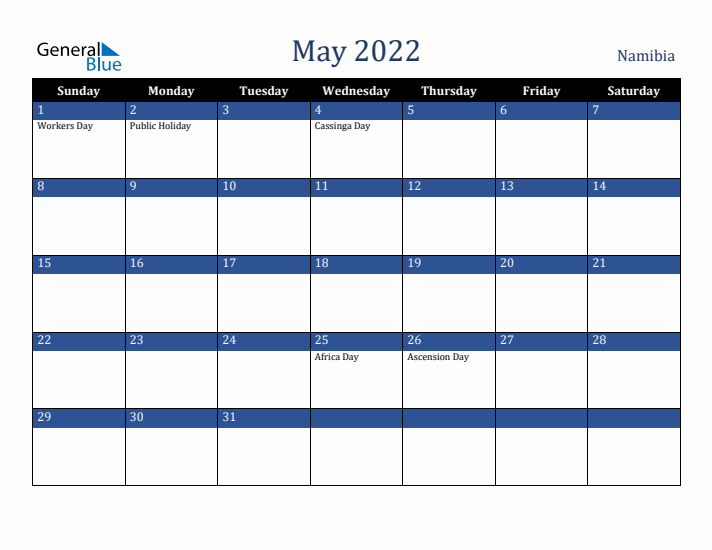 May 2022 Namibia Calendar (Sunday Start)