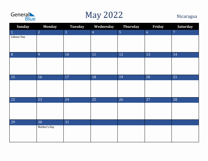 May 2022 Nicaragua Calendar (Sunday Start)
