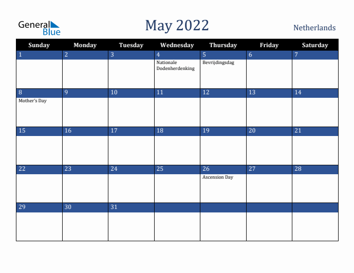 May 2022 The Netherlands Calendar (Sunday Start)