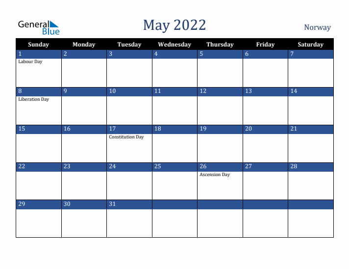 May 2022 Norway Calendar (Sunday Start)