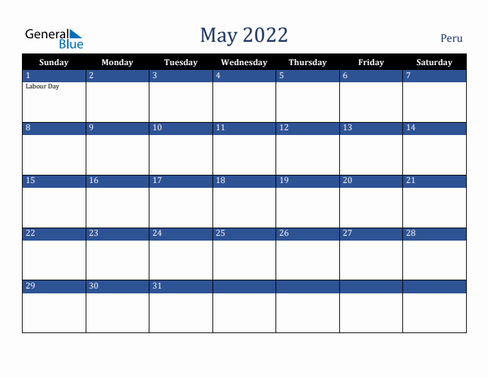 May 2022 Peru Calendar (Sunday Start)