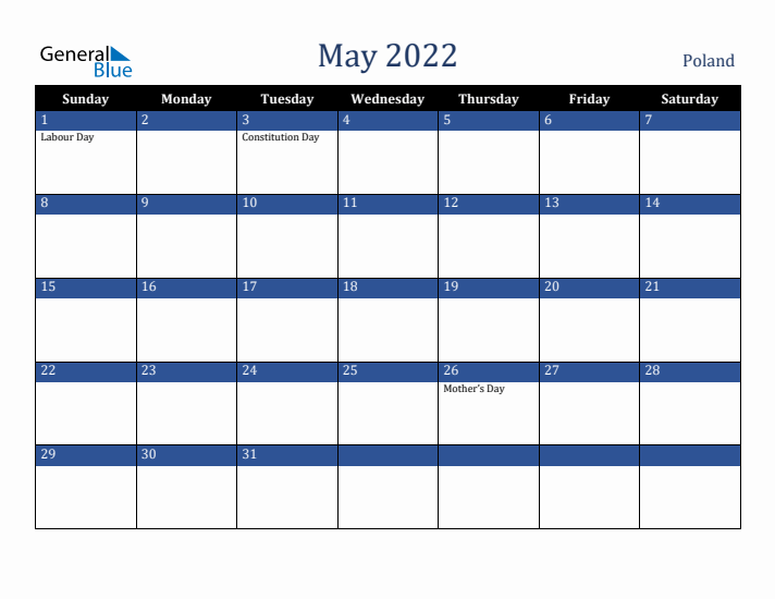 May 2022 Poland Calendar (Sunday Start)