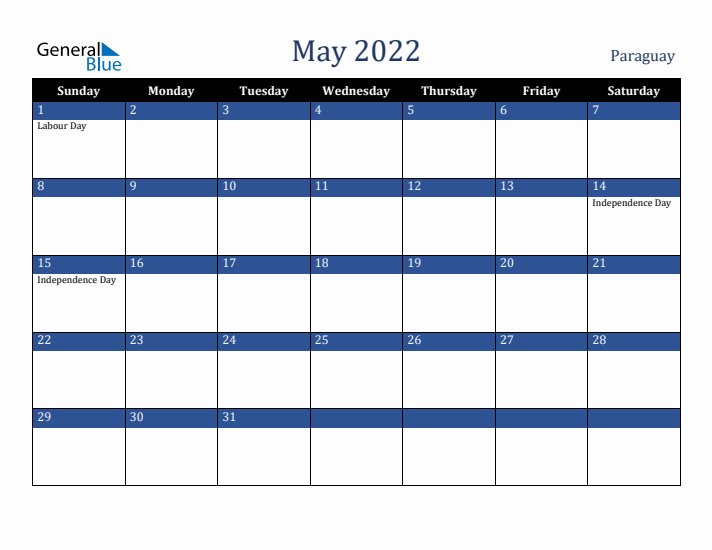 May 2022 Paraguay Calendar (Sunday Start)