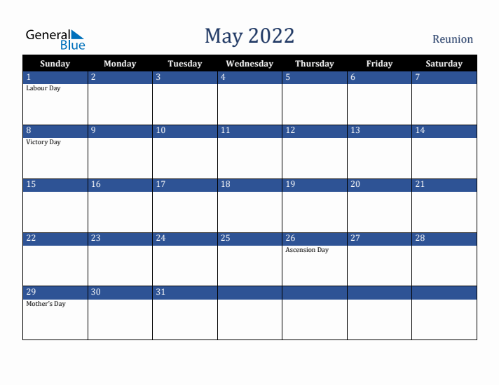 May 2022 Reunion Calendar (Sunday Start)
