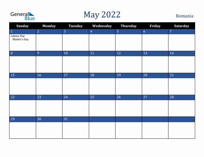 May 2022 Romania Calendar (Sunday Start)