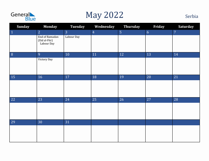 May 2022 Serbia Calendar (Sunday Start)