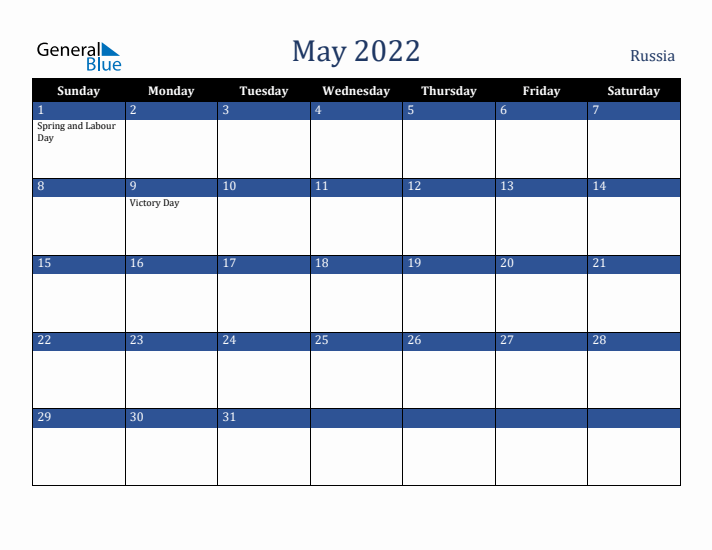 May 2022 Russia Calendar (Sunday Start)