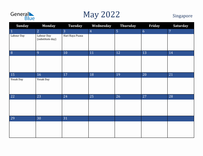 May 2022 Singapore Calendar (Sunday Start)