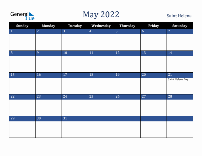 May 2022 Saint Helena Calendar (Sunday Start)