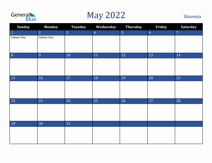May 2022 Slovenia Calendar (Sunday Start)