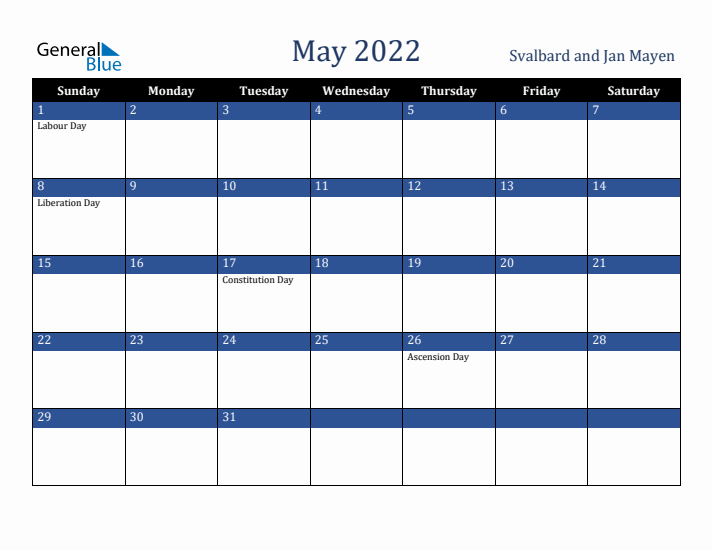 May 2022 Svalbard and Jan Mayen Calendar (Sunday Start)