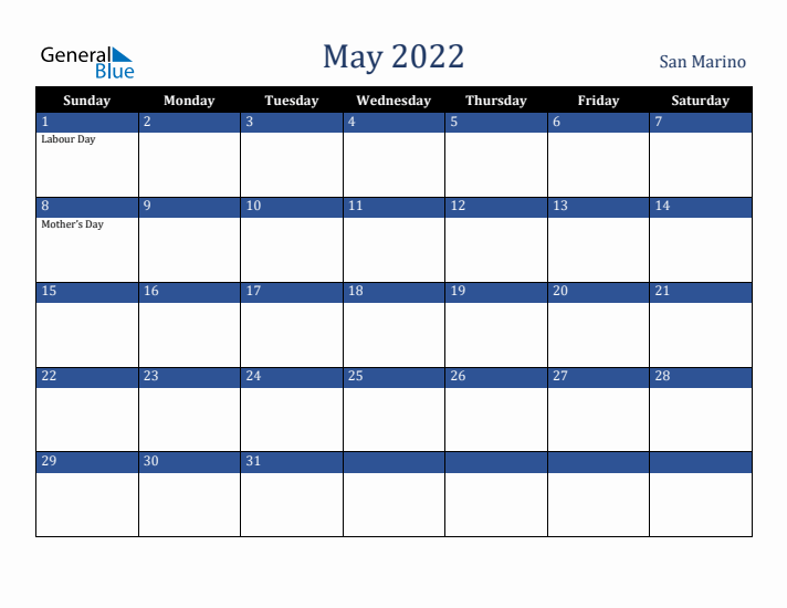 May 2022 San Marino Calendar (Sunday Start)