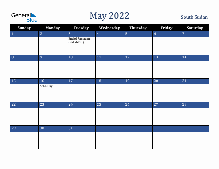 May 2022 South Sudan Calendar (Sunday Start)
