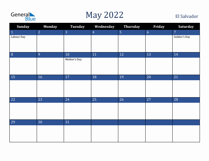 May 2022 El Salvador Calendar (Sunday Start)