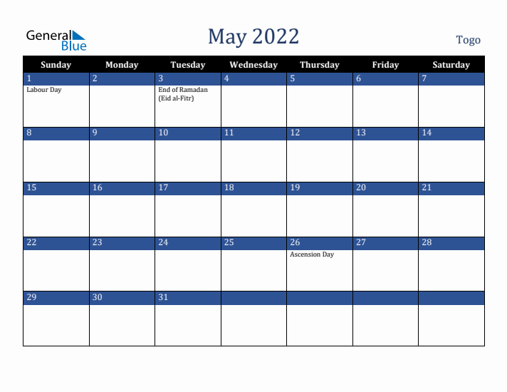 May 2022 Togo Calendar (Sunday Start)