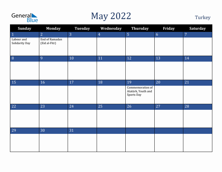 May 2022 Turkey Calendar (Sunday Start)