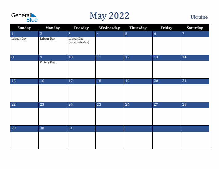 May 2022 Ukraine Calendar (Sunday Start)