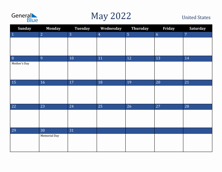 May 2022 United States Calendar (Sunday Start)