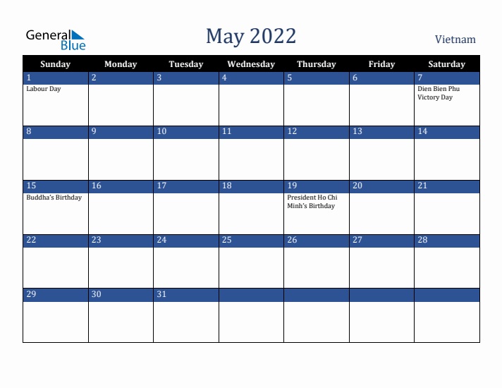 May 2022 Vietnam Calendar (Sunday Start)