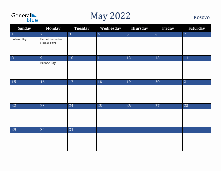 May 2022 Kosovo Calendar (Sunday Start)