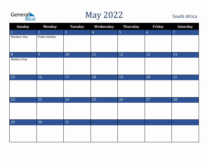 May 2022 South Africa Calendar (Sunday Start)