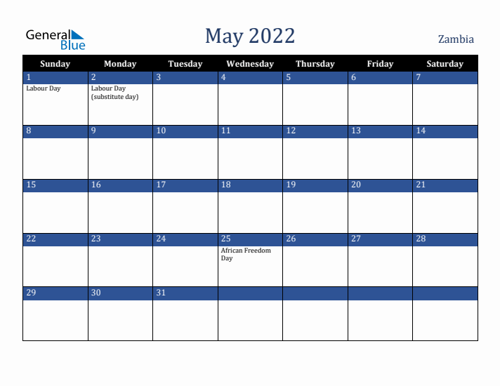 May 2022 Zambia Calendar (Sunday Start)