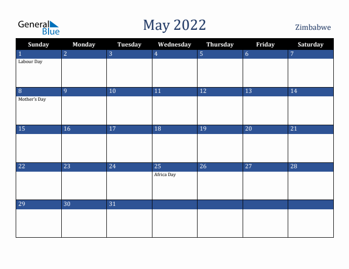 May 2022 Zimbabwe Calendar (Sunday Start)