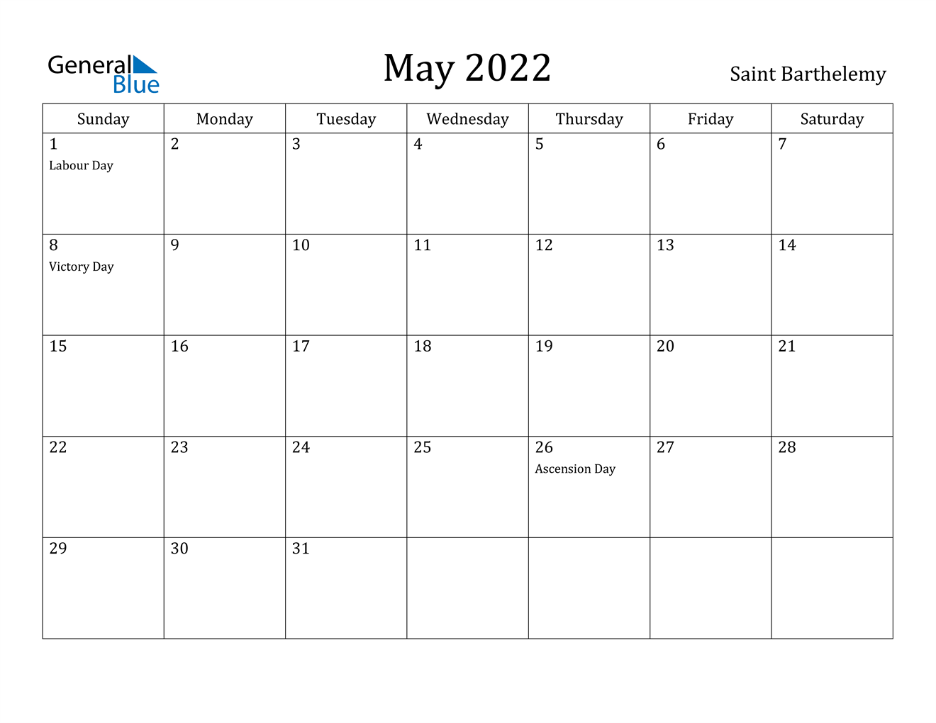 may 2022 calendar saint barthelemy