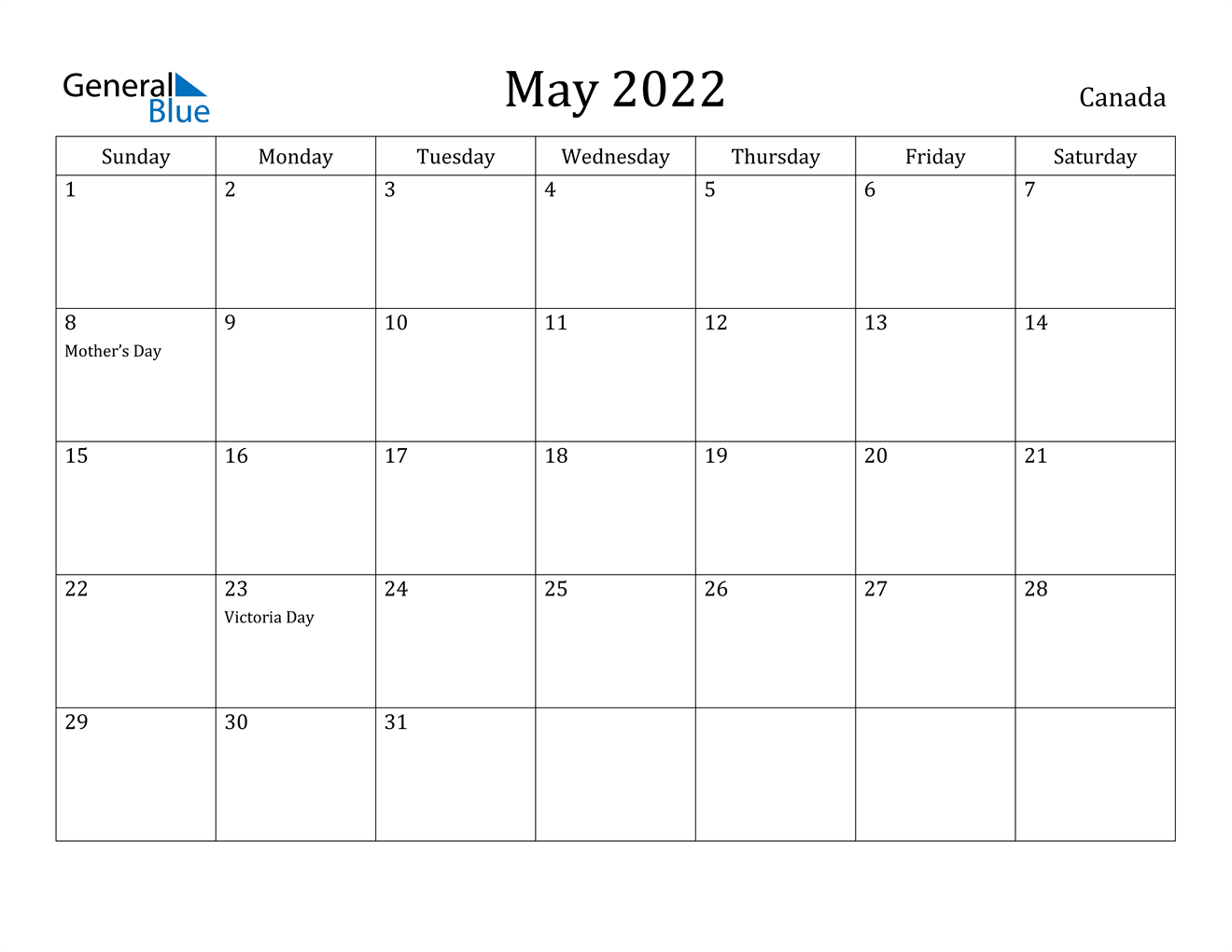 May 2022 Calendar Canada