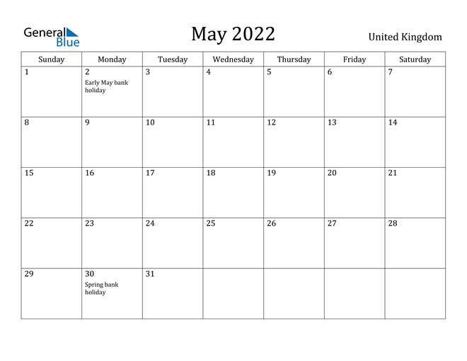 united kingdom may 2022 calendar with holidays