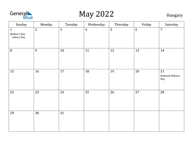 Hungary May 2022 Calendar With Holidays