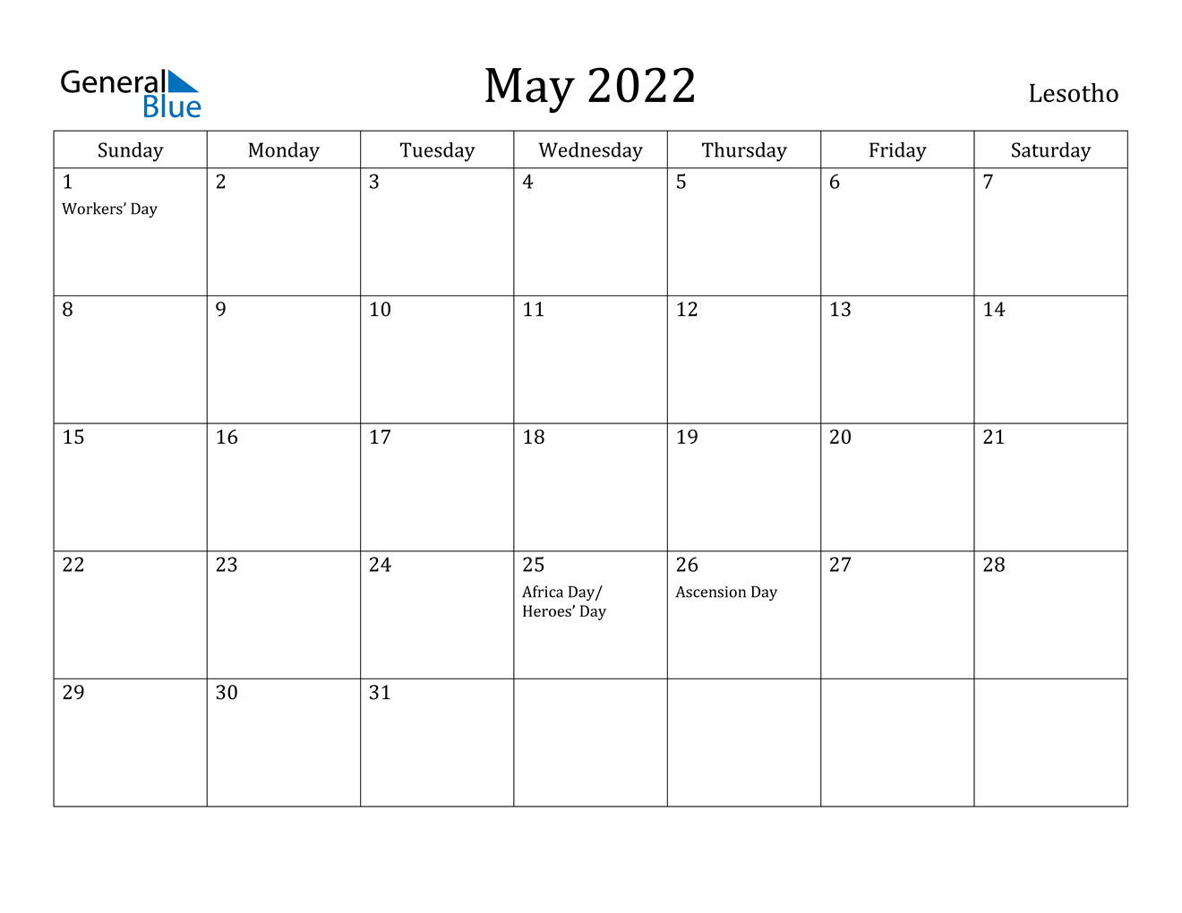 may 2022 calendar lesotho