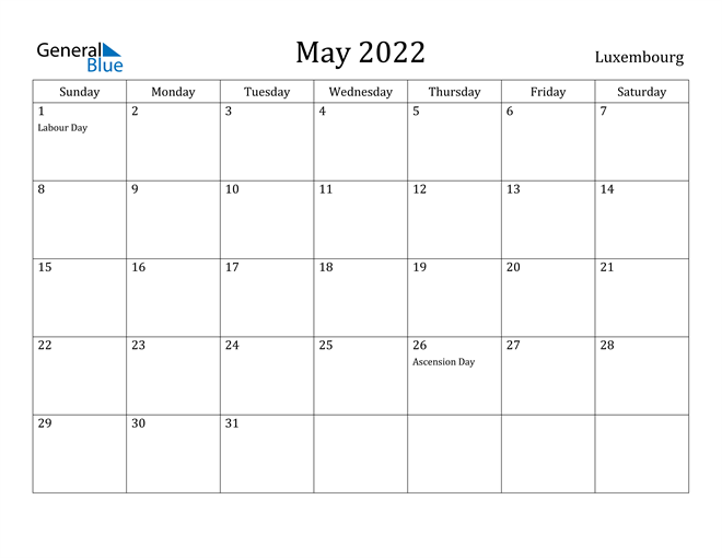 May Calendar 2022 With Holidays Luxembourg May 2022 Calendar With Holidays