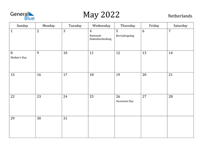 netherlands may 2022 calendar with holidays