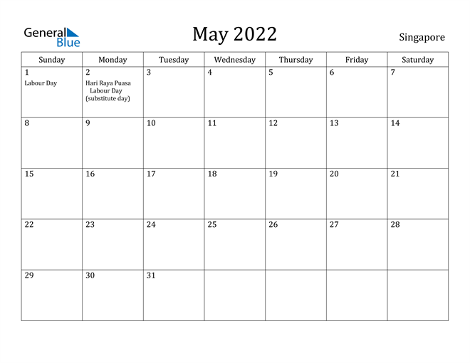 May Calendar For 2022 Singapore May 2022 Calendar With Holidays