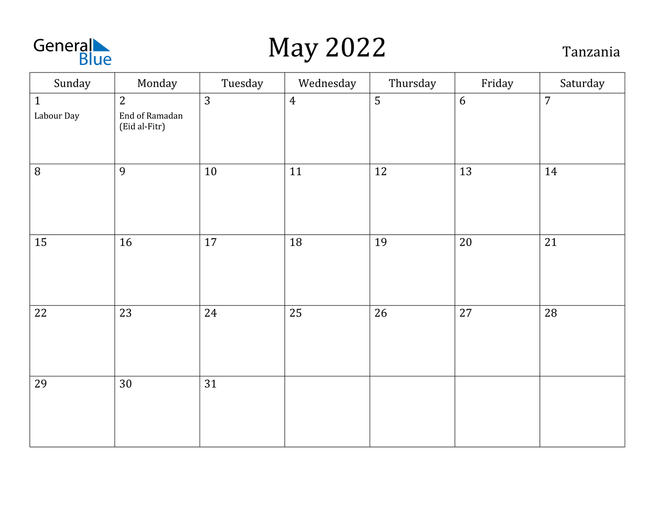 may 2022 calendar tanzania