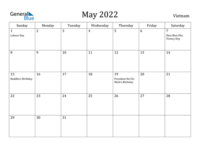 Vietnam May 2022 Calendar With Holidays