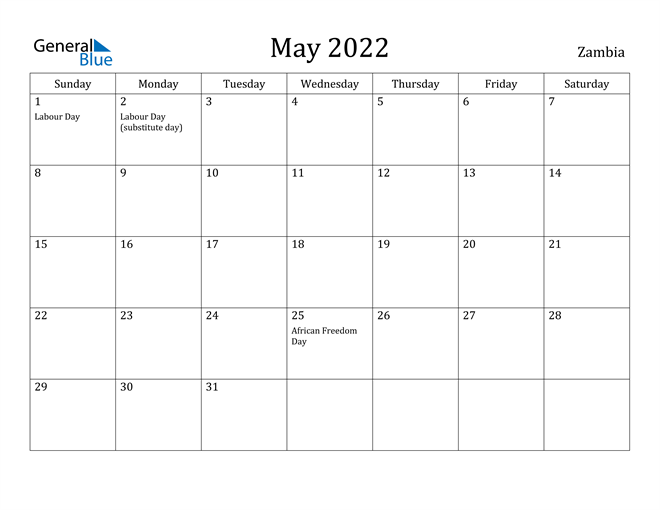 Freedom Calendar 2022 Zambia May 2022 Calendar With Holidays