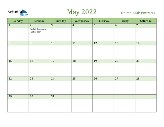 May 2022 Calendar with United Arab Emirates Holidays