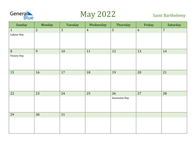 May 2022 Calendar with Saint Barthelemy Holidays