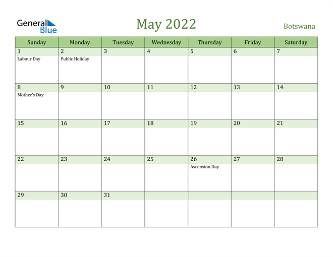 May 2022 Calendar with Botswana Holidays