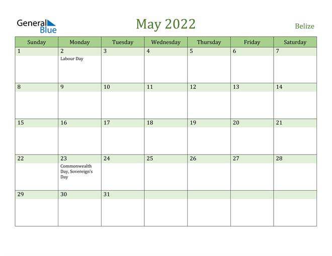 May 2022 Calendar with Belize Holidays