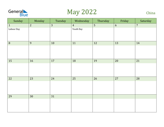 May 2022 Calendar with China Holidays