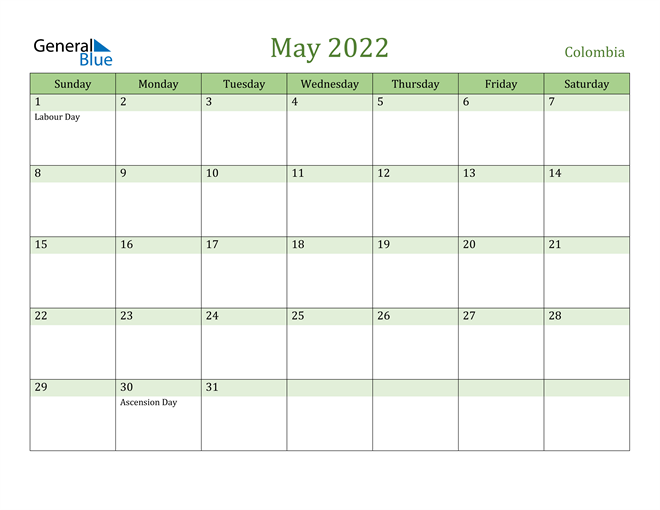 May 2022 Calendar with Colombia Holidays