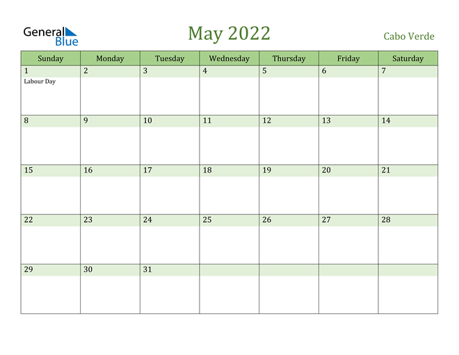 May 2022 Calendar with Cabo Verde Holidays