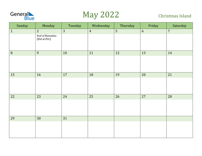 May 2022 Calendar with Christmas Island Holidays