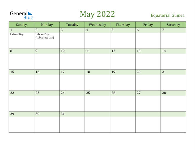 May 2022 Calendar with Equatorial Guinea Holidays