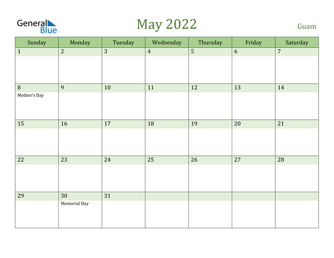 May 2022 Calendar with Guam Holidays