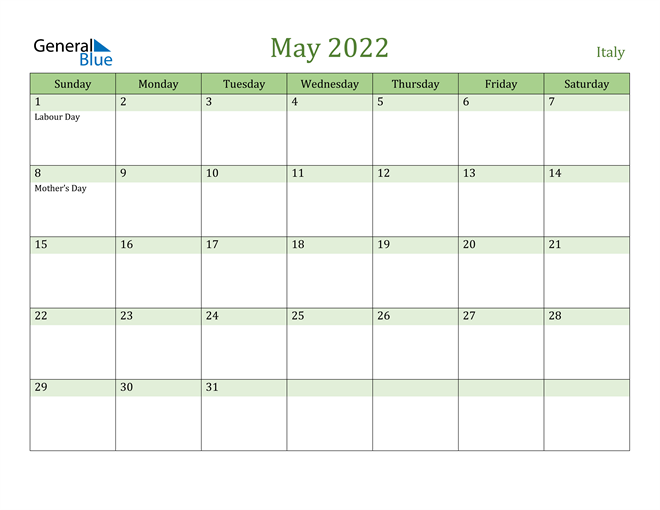 May 2022 Calendar with Italy Holidays