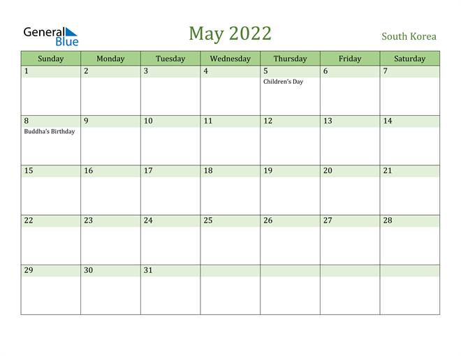May 2022 Calendar with South Korea Holidays